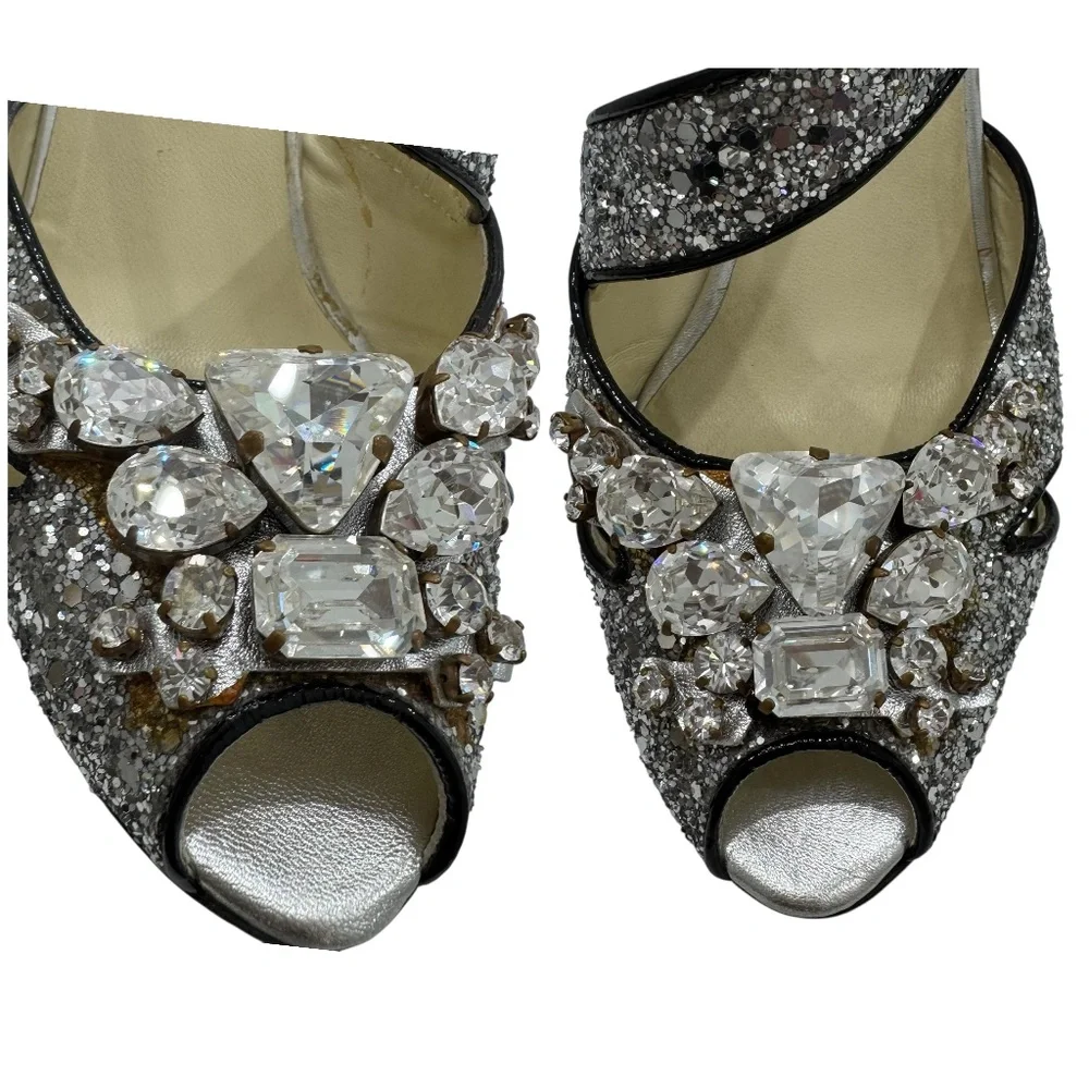 MIU MIU 2006 RUNWAY SILVER GLITTER STILETTO SANDALS w/CRYSTAL EMBELLISHMENTS